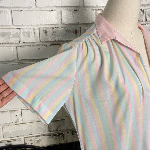 Vintage 70s 80s Nancy Frock Pastel Multi Color Stripe Short Sleeve Sleep Gown - Picture 4 of 9